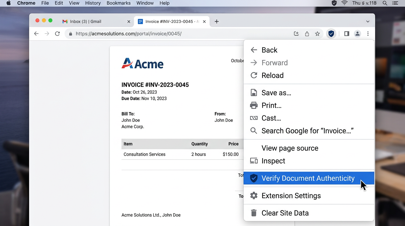 Right-click context menu with Verify Document Authenticity option on an invoice