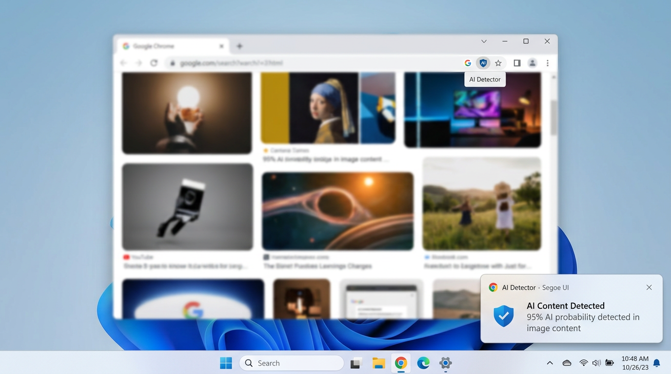 Browser notification: AI content detected, 95% AI probability in image content